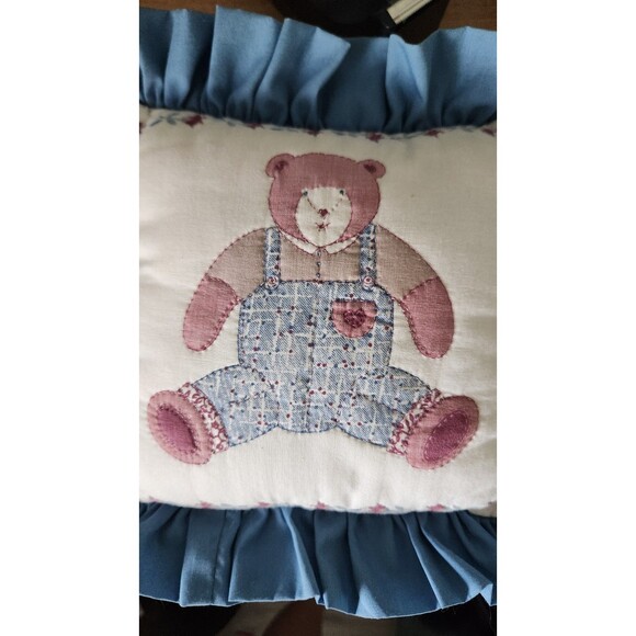 Vintage Handmade Baby Pillow With Appliqued Bear And Blue Ruffle - Picture 2 of 5